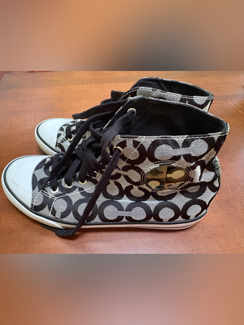 Coach Black and Cream Signature High-Top Sneakers ladies 7 1/2